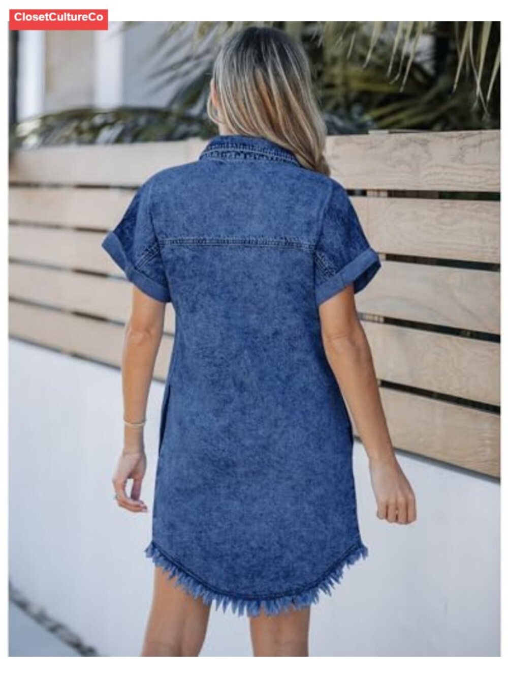 Denim Shift Dress Button Down Short Sleeve Raw Hem Pockets Casual Summer - Picture 4 of 6